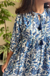 White & Blue Printed Cotton Dress